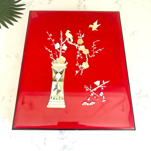 Vintage Lacquered Red Box Mother of Pearl Abalone Inlay Asian Box Stationary Box - Picture 2 of 16